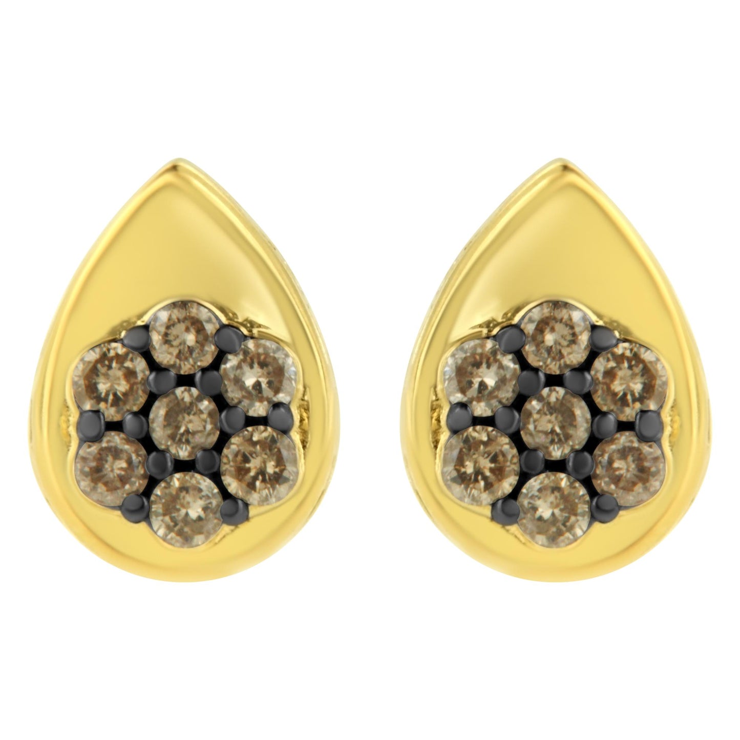 Front view of yellow metal teardrop-shaped earrings with clusters of round champagne-colored gemstones in prong settings.