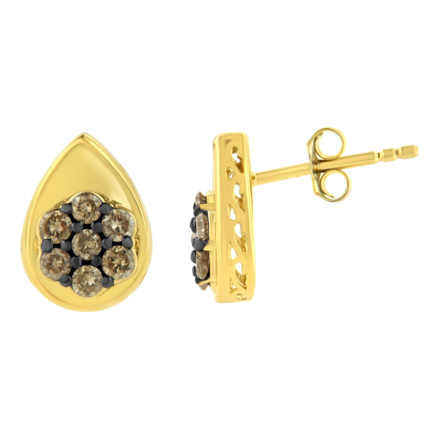 Pair of yellow metal teardrop-shaped stud earrings with round champagne-colored gemstones in prong settings, shown from front and side angles.