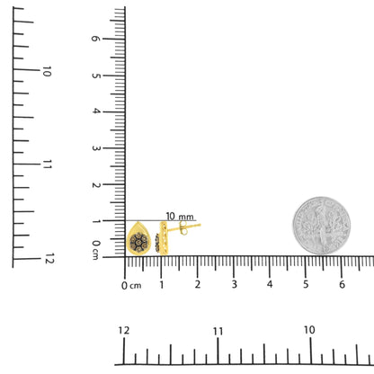 Pair of yellow metal teardrop-shaped earrings with round champagne-colored gemstones in prong settings, shown from front and side angles on a ruler and scale for size reference.