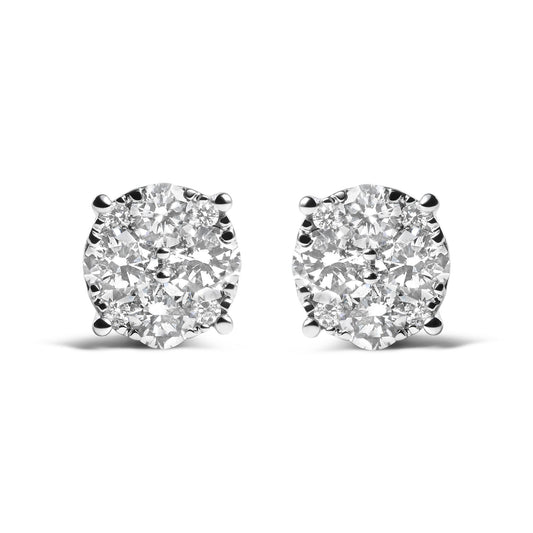Front view of pair of round cluster stud earrings with white metal and multiple white gemstones in prong settings.