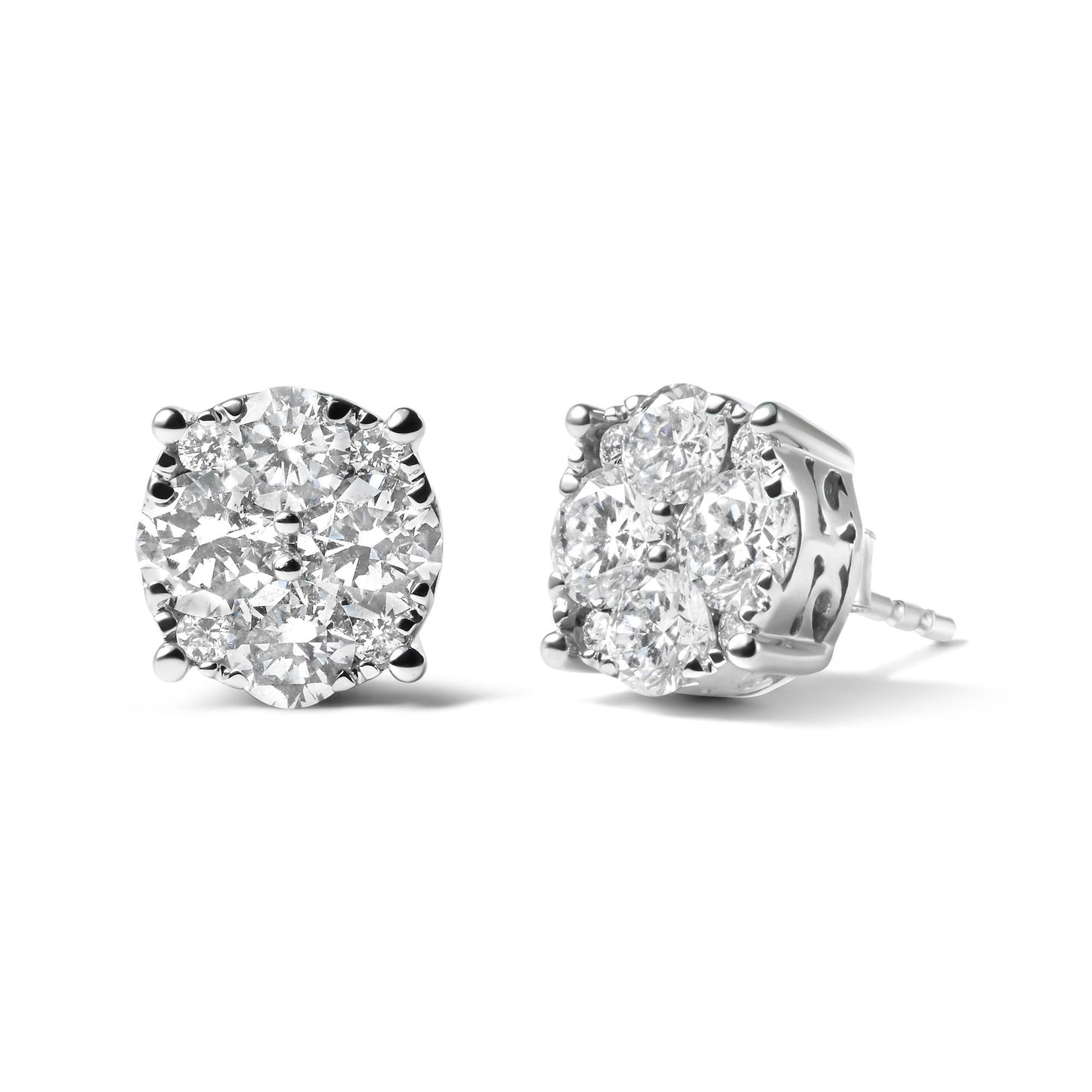Pair of white metal stud earrings with round white gemstones in prong settings, shown from front and side angles.