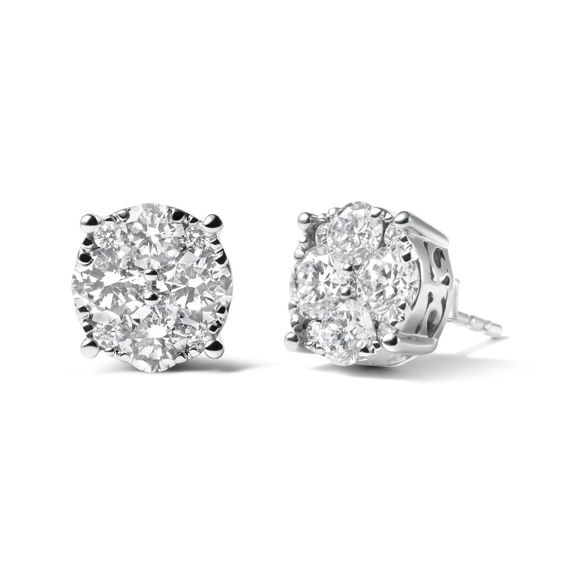 Pair of white metal stud earrings with round white gemstones in prong settings, shown from front and side angles.