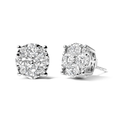 Pair of white metal stud earrings with round white gemstones in prong settings, shown from front and side angles.