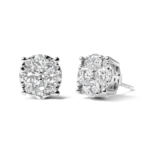 Pair of white metal stud earrings with round white gemstones in prong settings, shown from front and side angles.