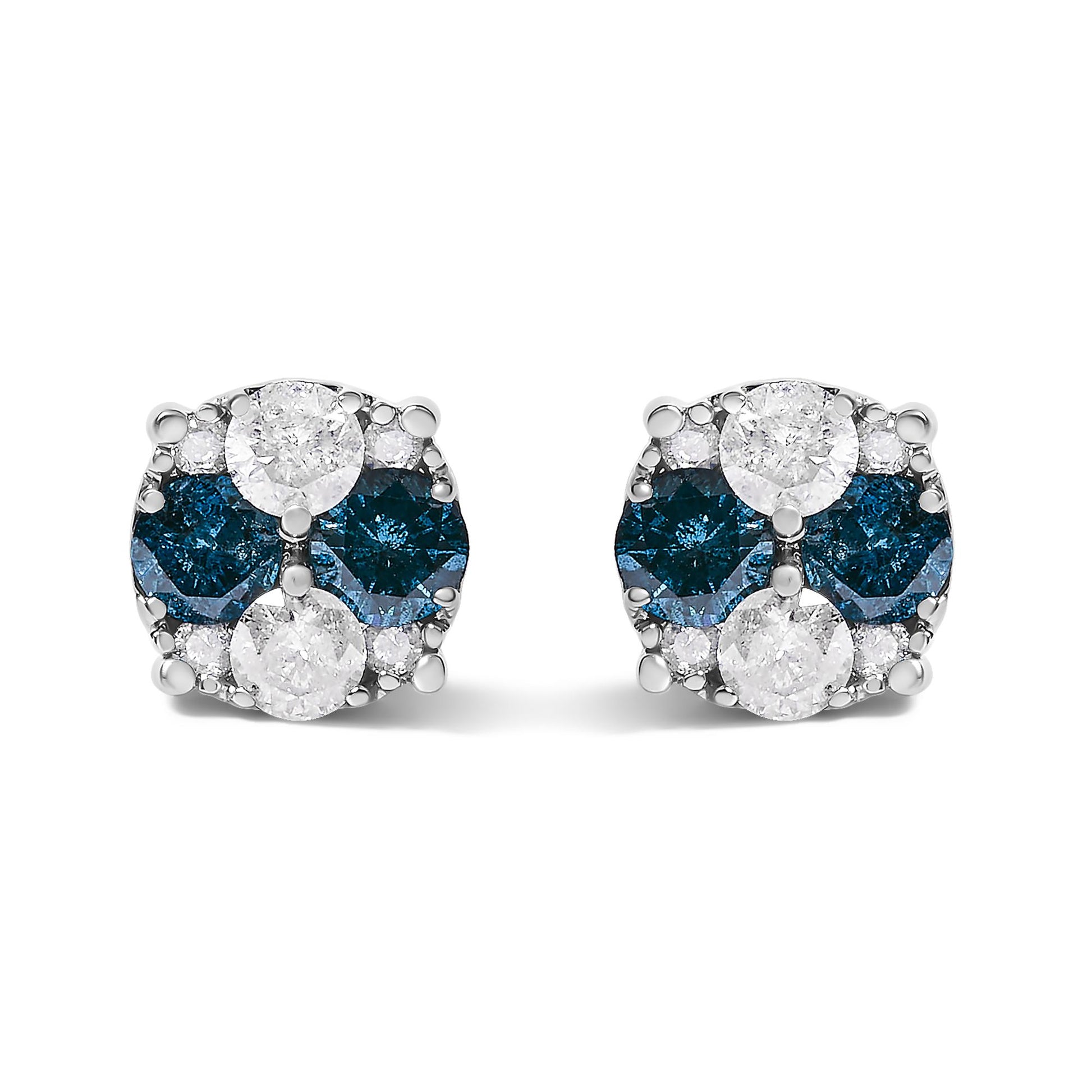 .925 Sterling Silver 2.0 Cttw Blue Diamond Composite Cluster Stud Earring
