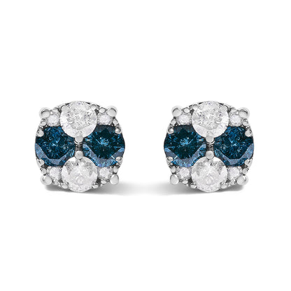 .925 Sterling Silver 2.0 Cttw Blue Diamond Composite Cluster Stud Earring