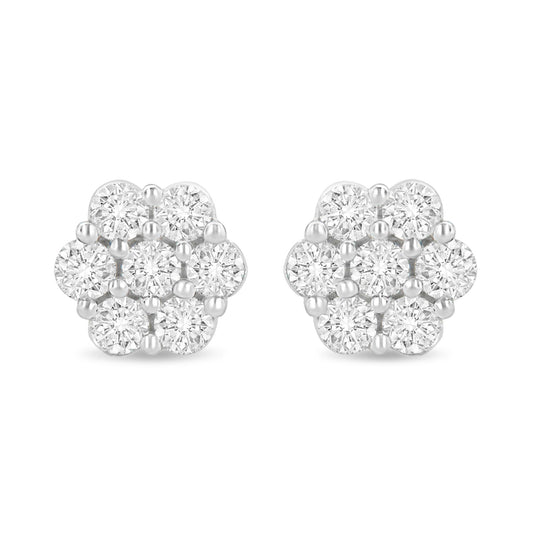 Front view of a pair of white metal cluster earrings with round white gemstones in a prong setting.