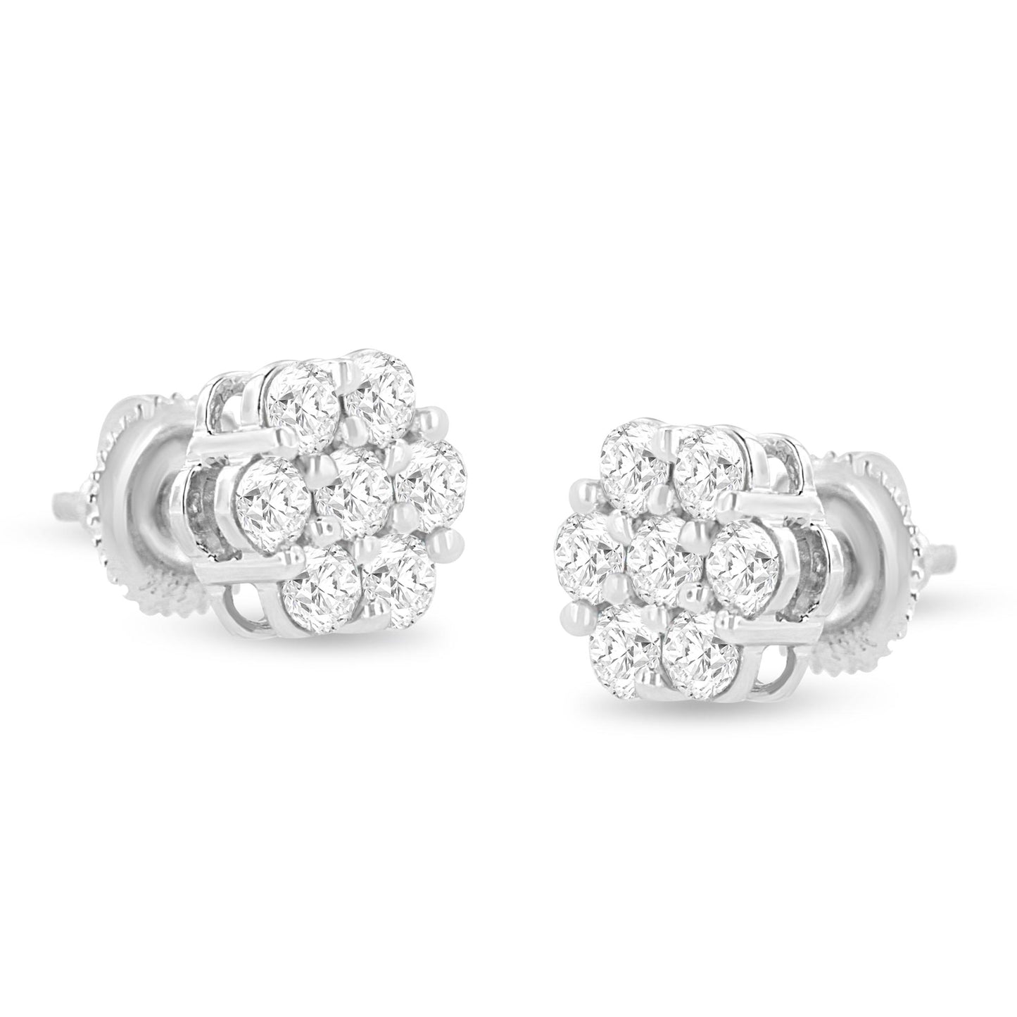 Pair of white metal stud earrings with cluster of round white gemstones in prong setting, shown in a close-up angled front view.