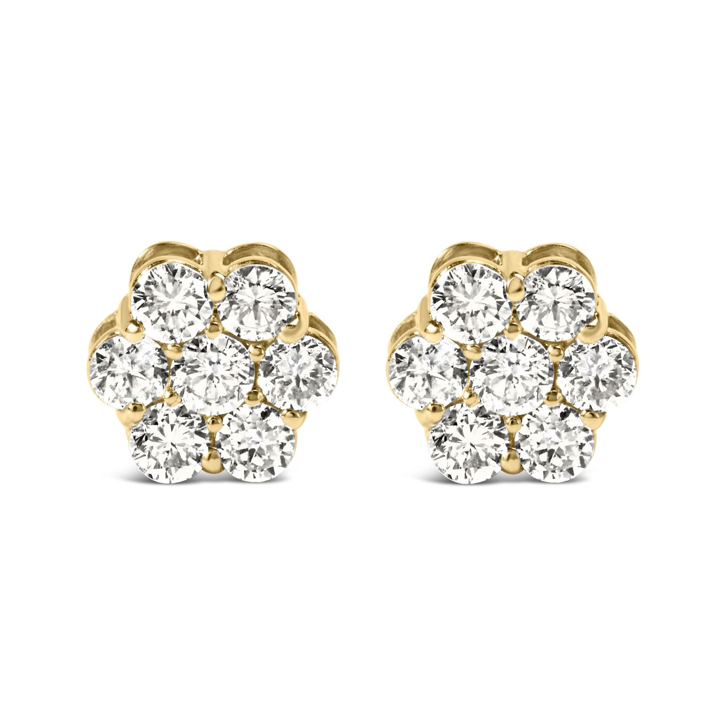 Front angle view of round white gemstone cluster earrings set in yellow metal.