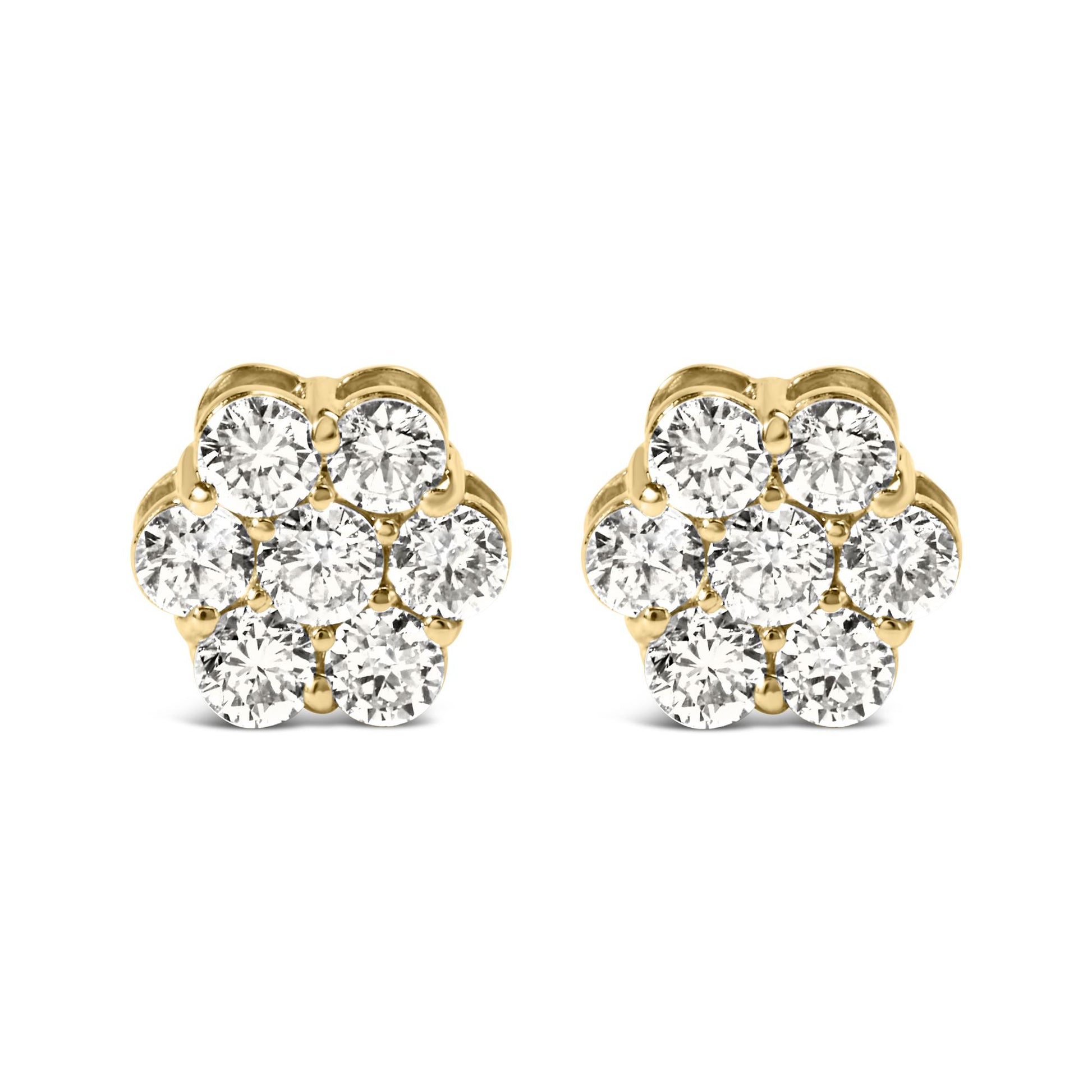 Front angle view of round white gemstone cluster earrings set in yellow metal.