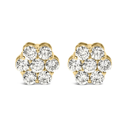 Front angle view of round white gemstone cluster earrings set in yellow metal.