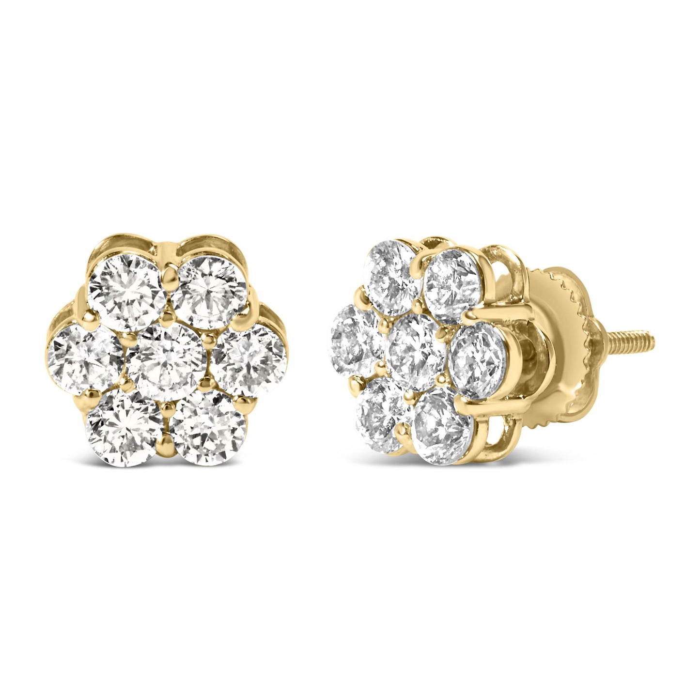 Pair of yellow metal stud earrings with clusters of round white gemstones, shown from front and side angles on a white background.