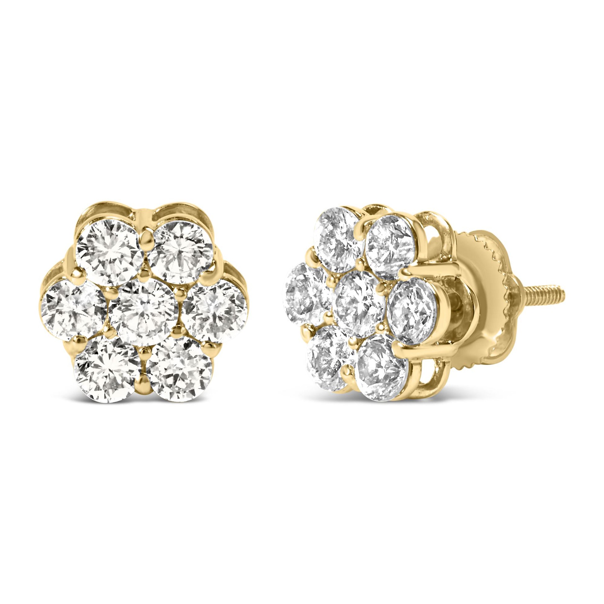Pair of yellow metal stud earrings with clusters of round white gemstones, shown from front and side angles on a white background.