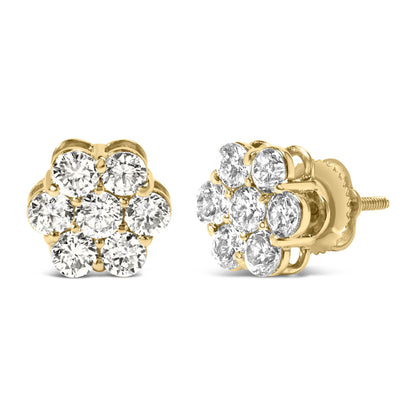 Pair of yellow metal stud earrings with clusters of round white gemstones, shown from front and side angles on a white background.
