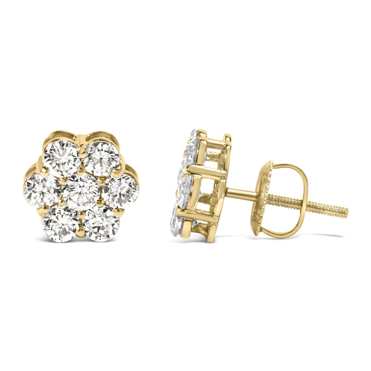 Front and side view of round cluster yellow metal stud earrings with prong-set white gemstones, shown against a white background.