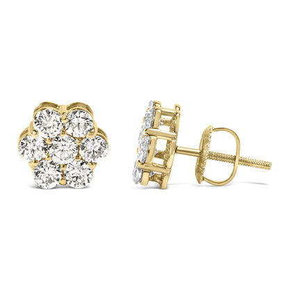 Front and side view of round cluster yellow metal stud earrings with prong-set white gemstones, shown against a white background.