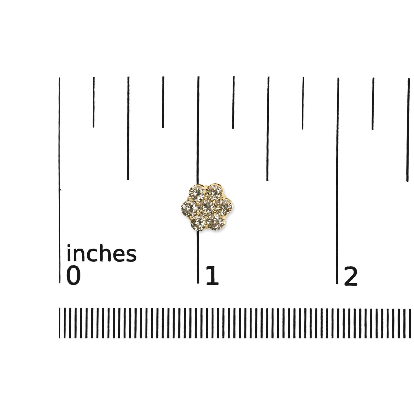 Close-up top view of a yellow metal earring with round white gemstones in prong settings arranged in a cluster, placed on a ruler for size reference.