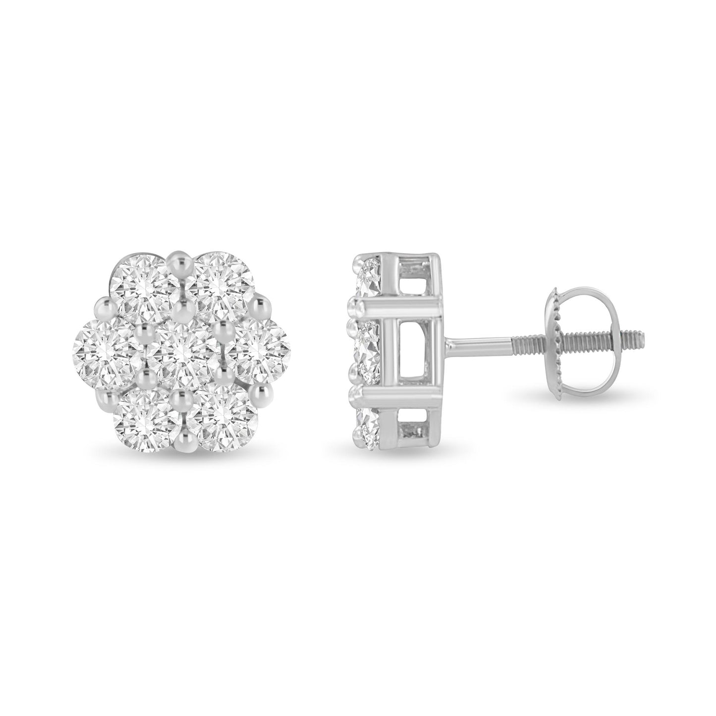 White metal cluster earrings with round shared prong-set white gemstones, shown from front and side angle.