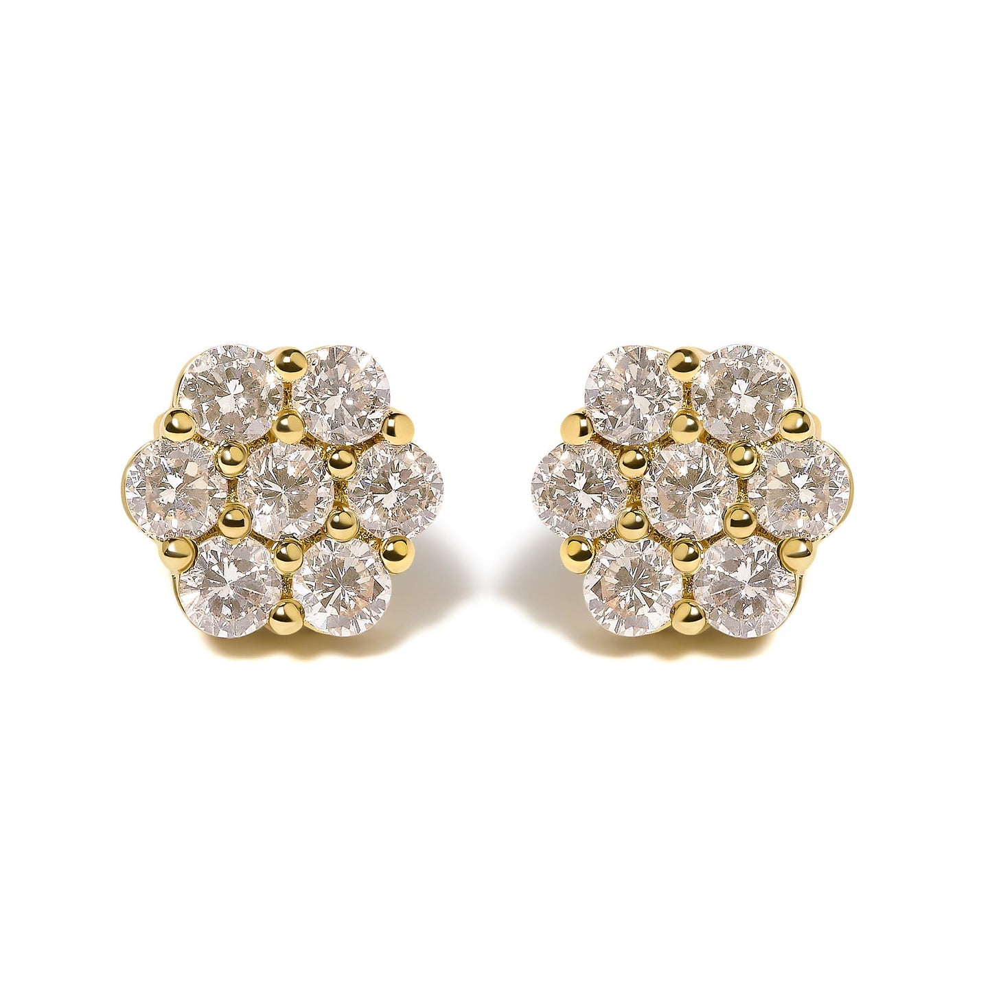 Pair of yellow metal earrings with round white gemstones in a shared prong setting, shown from a front angle on a white background.
