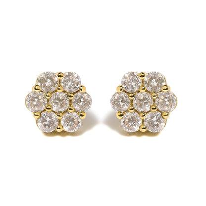 Pair of yellow metal earrings with round white gemstones in a shared prong setting, shown from a front angle on a white background.