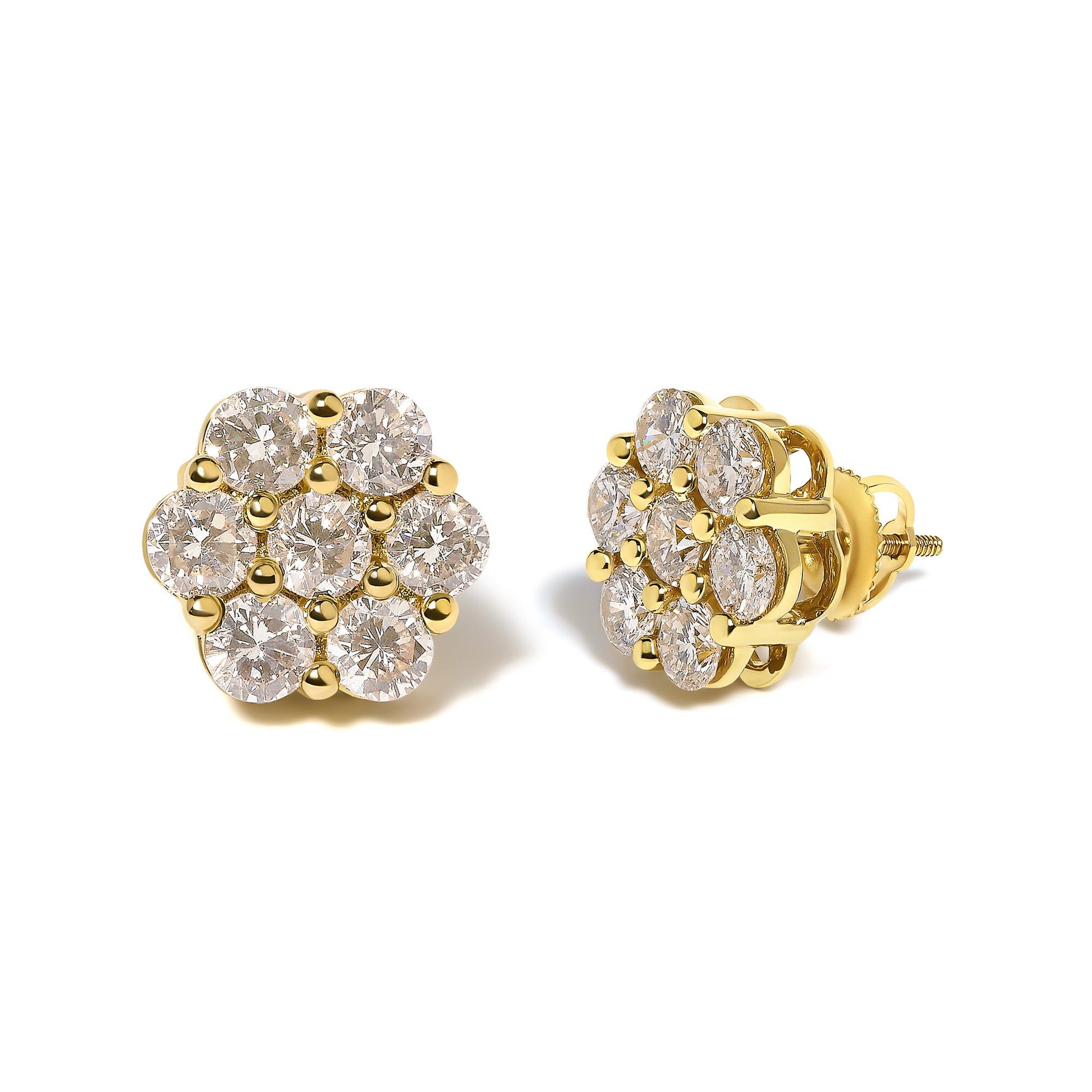 Pair of yellow metal stud earrings with round white gemstones in a shared prong setting, shown in a front and side angle on a white background.