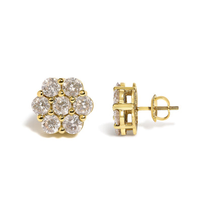 Front and side view of a pair of yellow metal round cluster earrings with white round gemstones in a shared prong setting, shown on a white background.