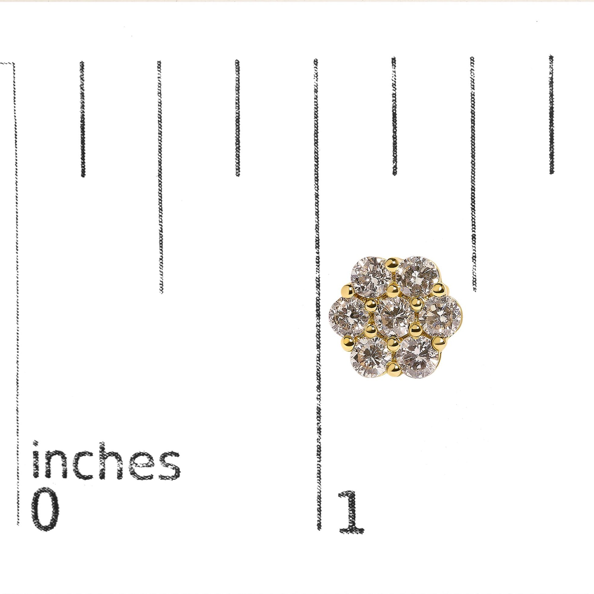 Close-up front view of a yellow metal cluster earring with round white gemstones in shared prong settings, shown on a ruler scale.