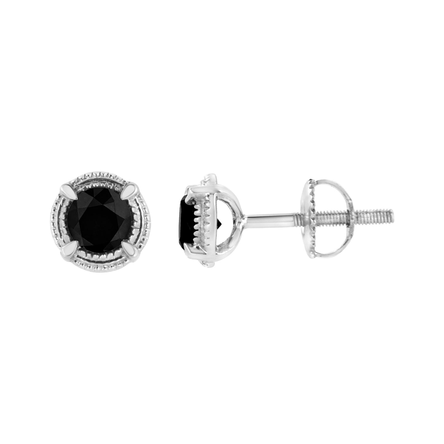 Pair of white metal stud earrings with round black gemstones in prong settings, shown from front and side angles.