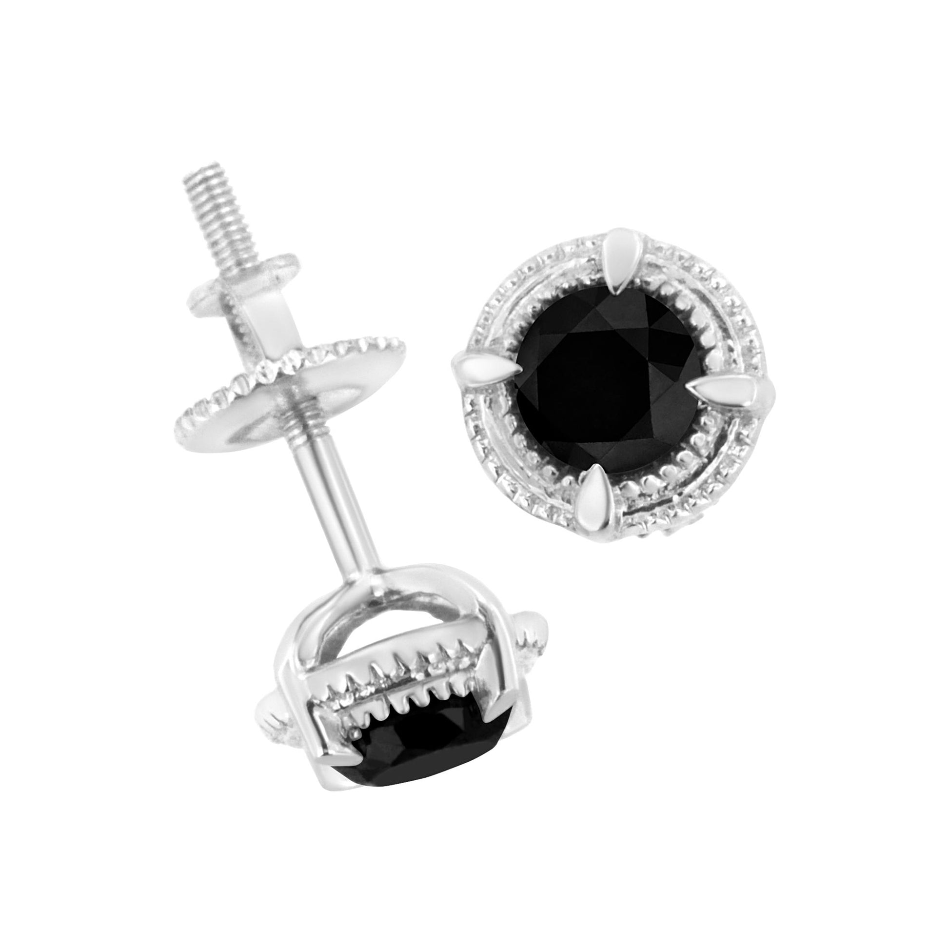 Pair of white metal stud earrings with round black gemstones in prong settings shown from front and side angles.