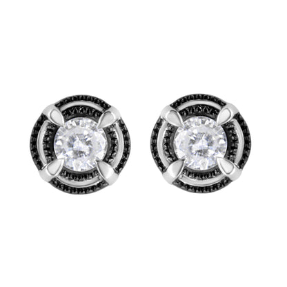 Front view of white metal stud earrings with round white gemstones set in prong settings, surrounded by a circular black textured border.