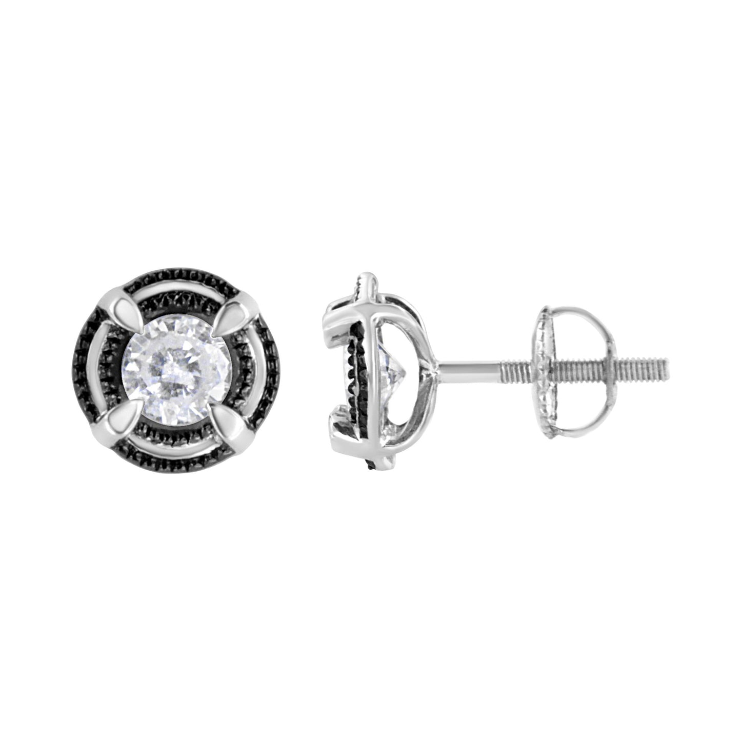 Front and side views of a white metal stud earring featuring a round white gemstone in prong setting, with a screw-back closure.