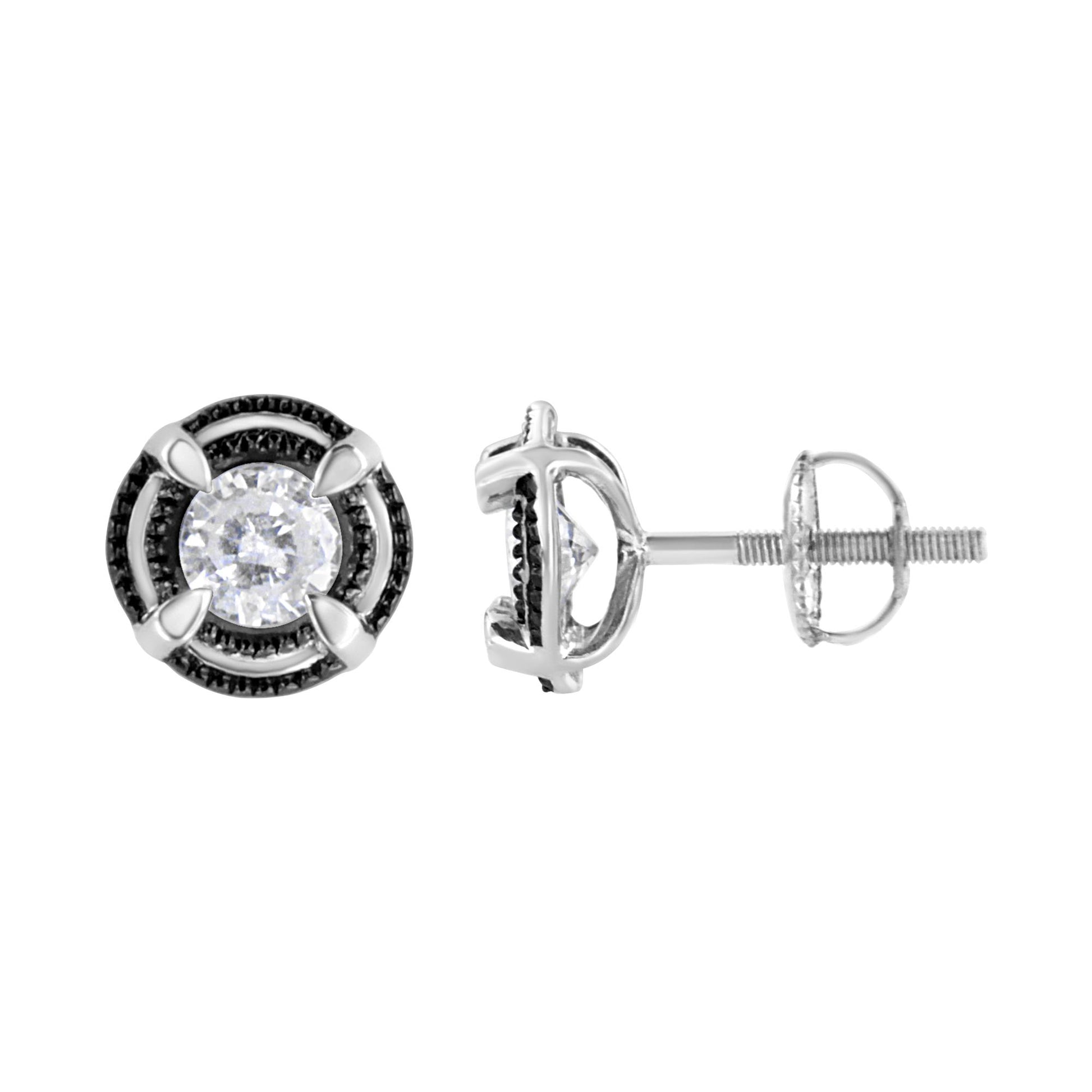 Front and side views of a white metal stud earring featuring a round white gemstone in prong setting, with a screw-back closure.