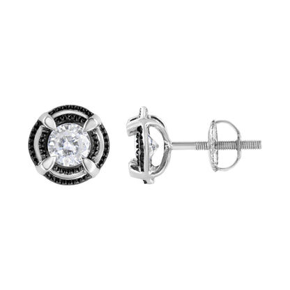 Front and side views of a white metal stud earring featuring a round white gemstone in prong setting, with a screw-back closure.