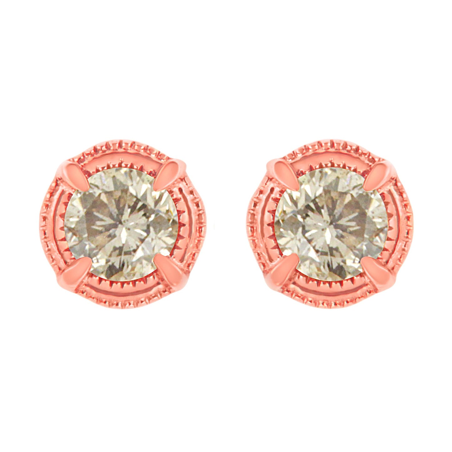 Front view of rose metal stud earrings featuring round brownish gemstones in prong settings.