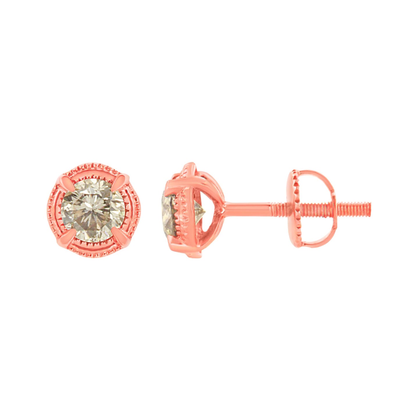 Pair of rose metal stud earrings with round brownish gemstones in prong settings, shown from front and side angles.
