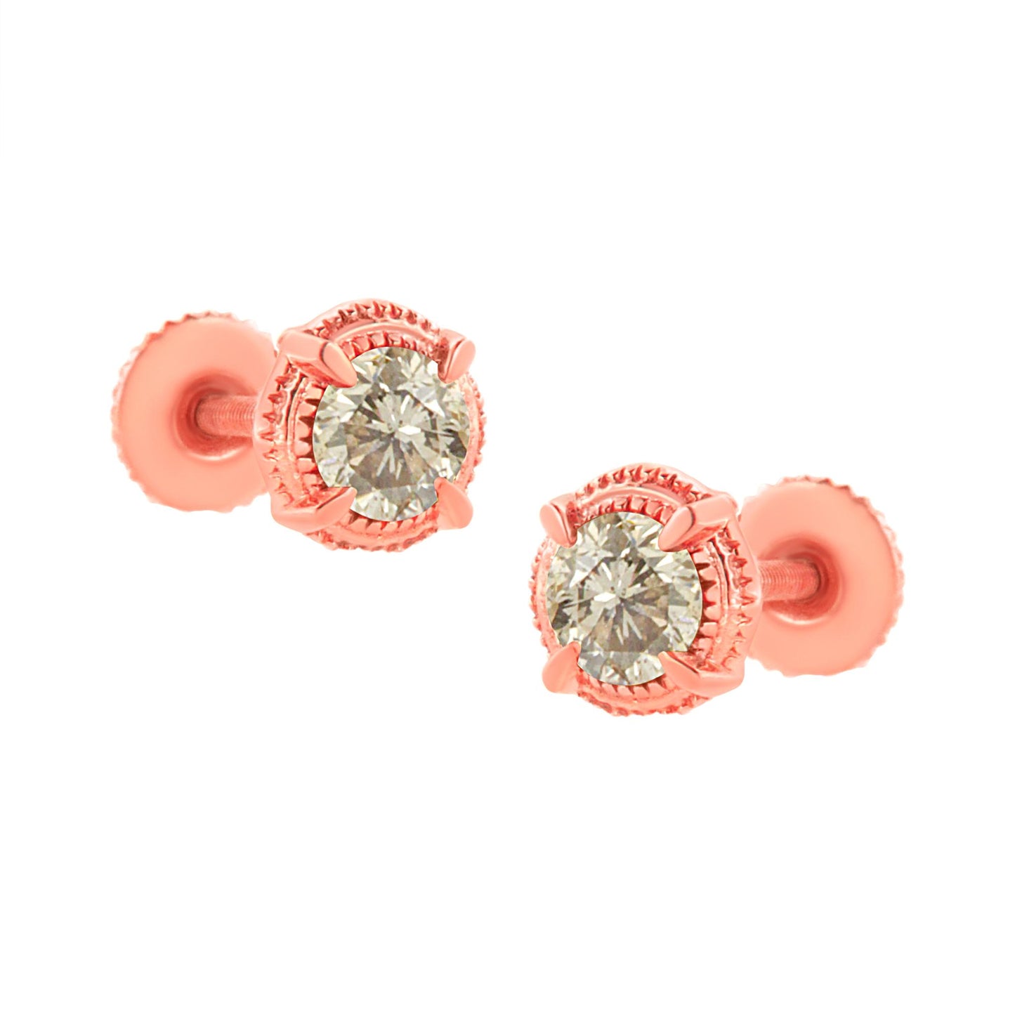 Pair of rose metal stud earrings with round brownish gemstones in prong settings, shown from a front angle.