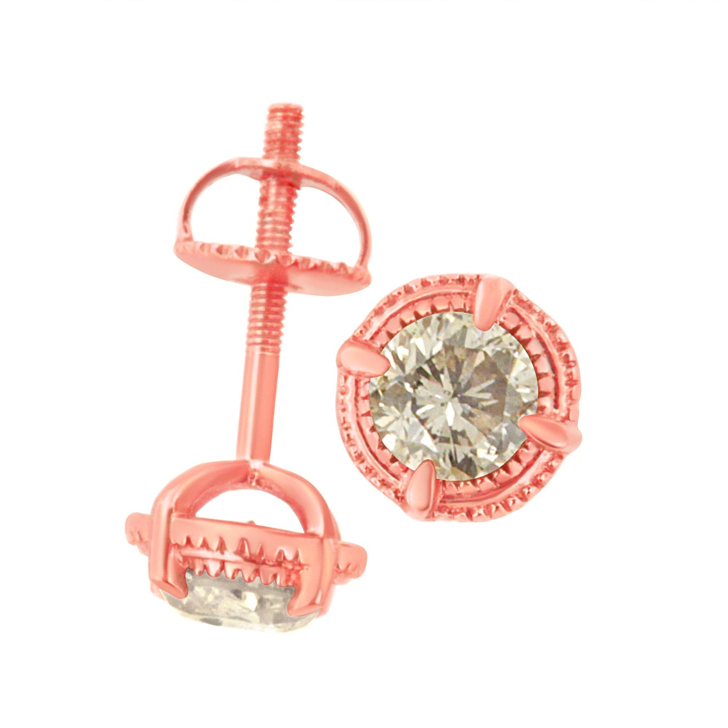 Close-up front and side view of rose-colored stud earrings with round brownish gemstones in prong settings.