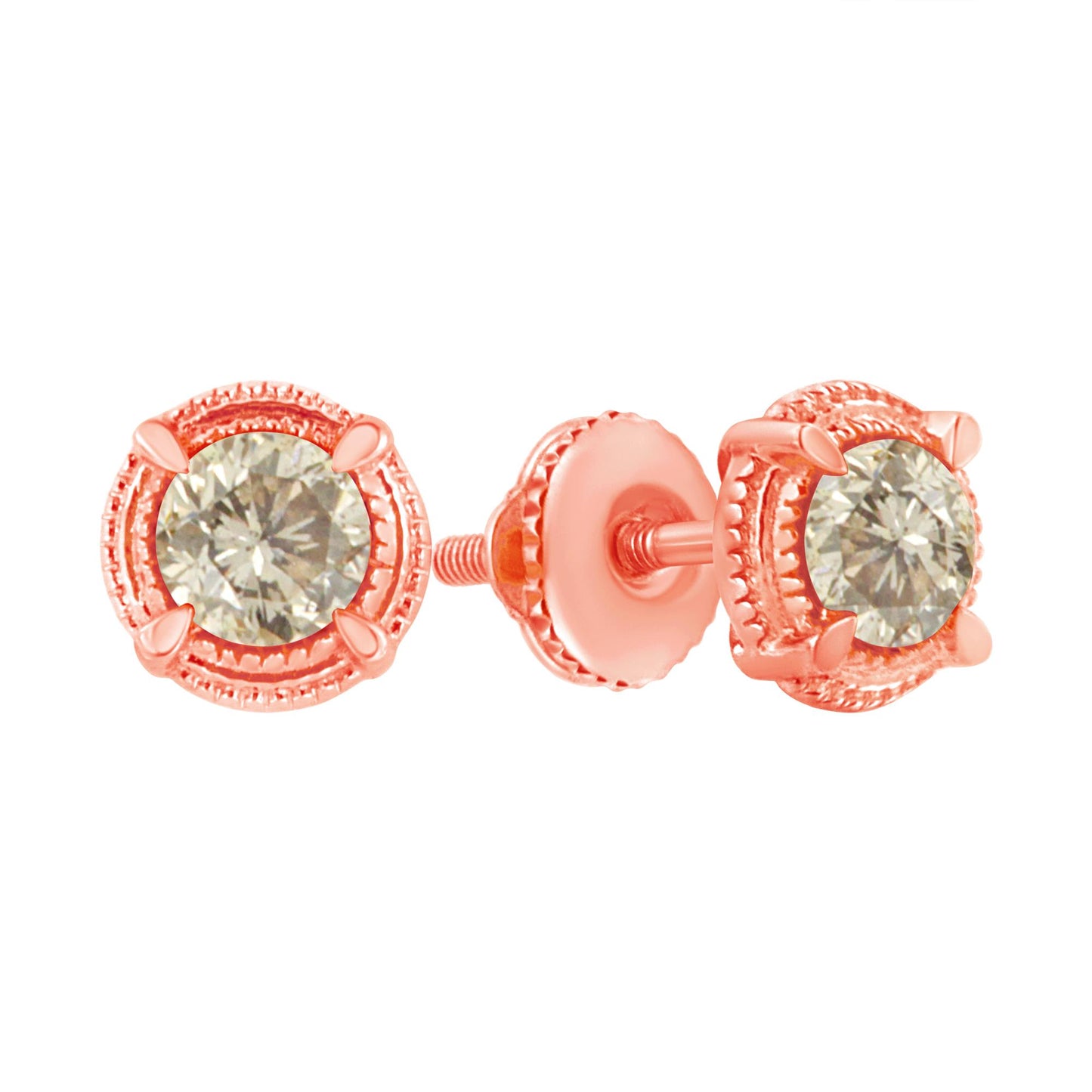 Close-up front and side view of rose-colored stud earrings with round white gemstones in prong settings.