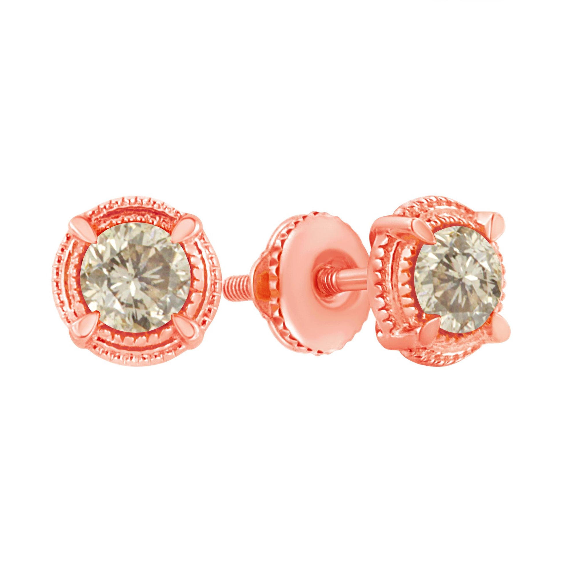 Close-up front and side view of rose-colored stud earrings with round white gemstones in prong settings.