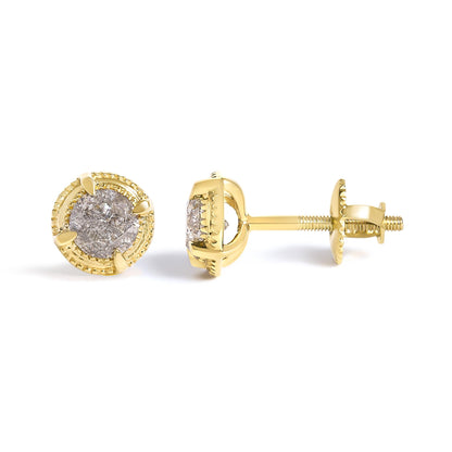 Pair of yellow metal stud earrings with round prong-set brownish gemstones, shown from front and side angles on a white background.