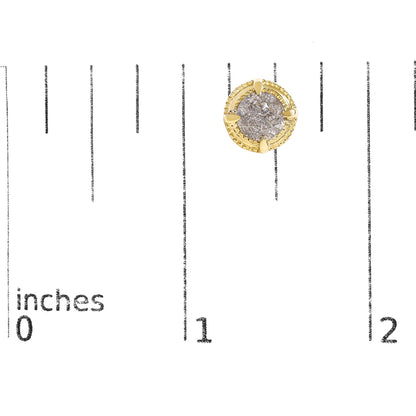 Single yellow metal earring with round brownish gemstones in prong setting, shown from above on a ruler for size reference.