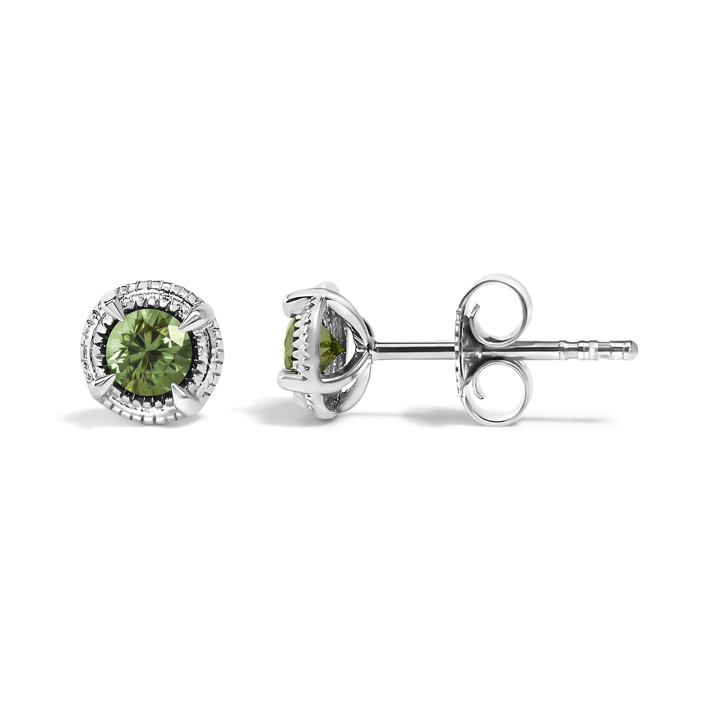 Pair of white metal stud earrings with round green gemstones in prong settings, shown from front and side angles.