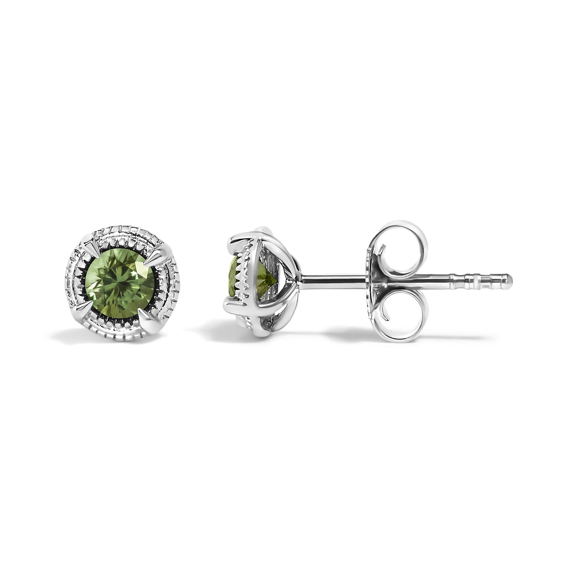 Pair of white metal stud earrings with round green gemstones in prong settings, shown from front and side angles.