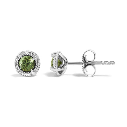 Pair of white metal stud earrings with round green gemstones in prong settings, shown from front and side angles.