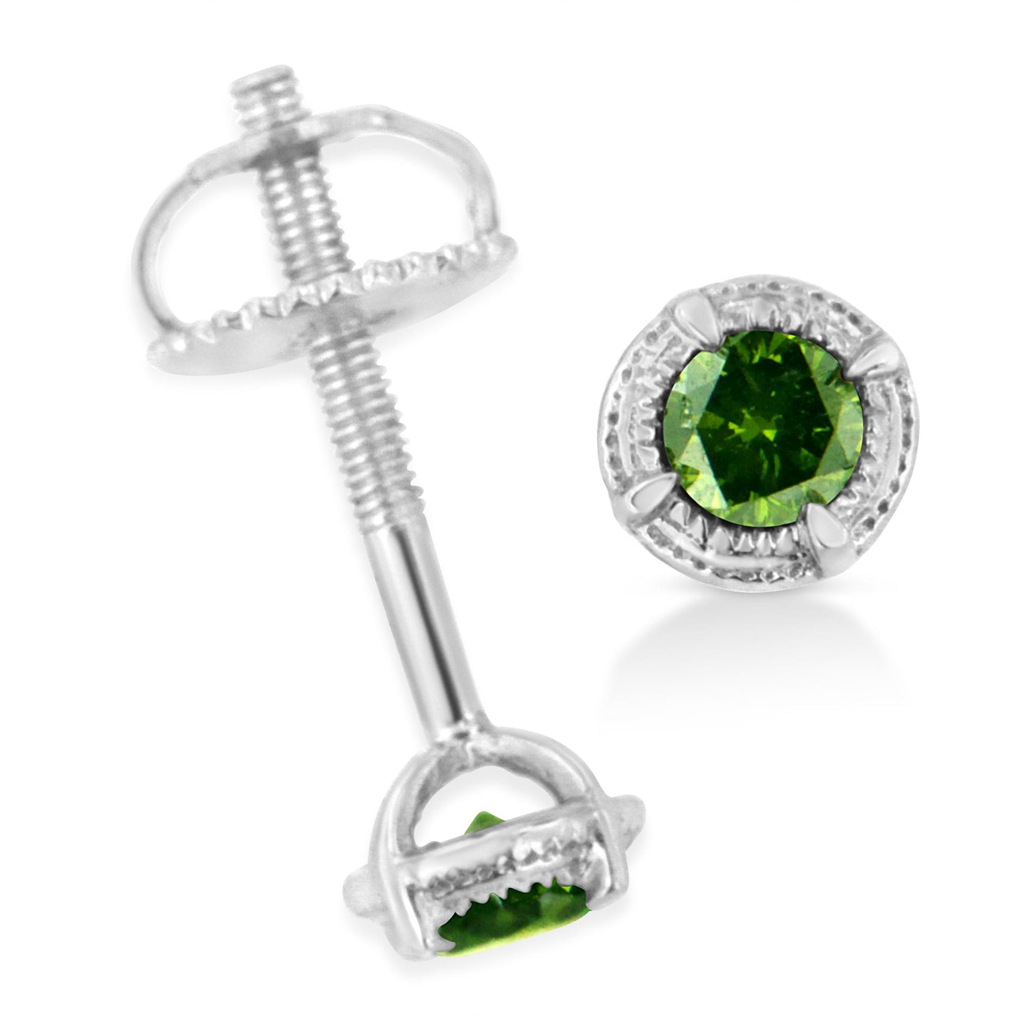 Close-up image of white metal round stud earrings with green gemstones in prong settings, shown from front and side angles.