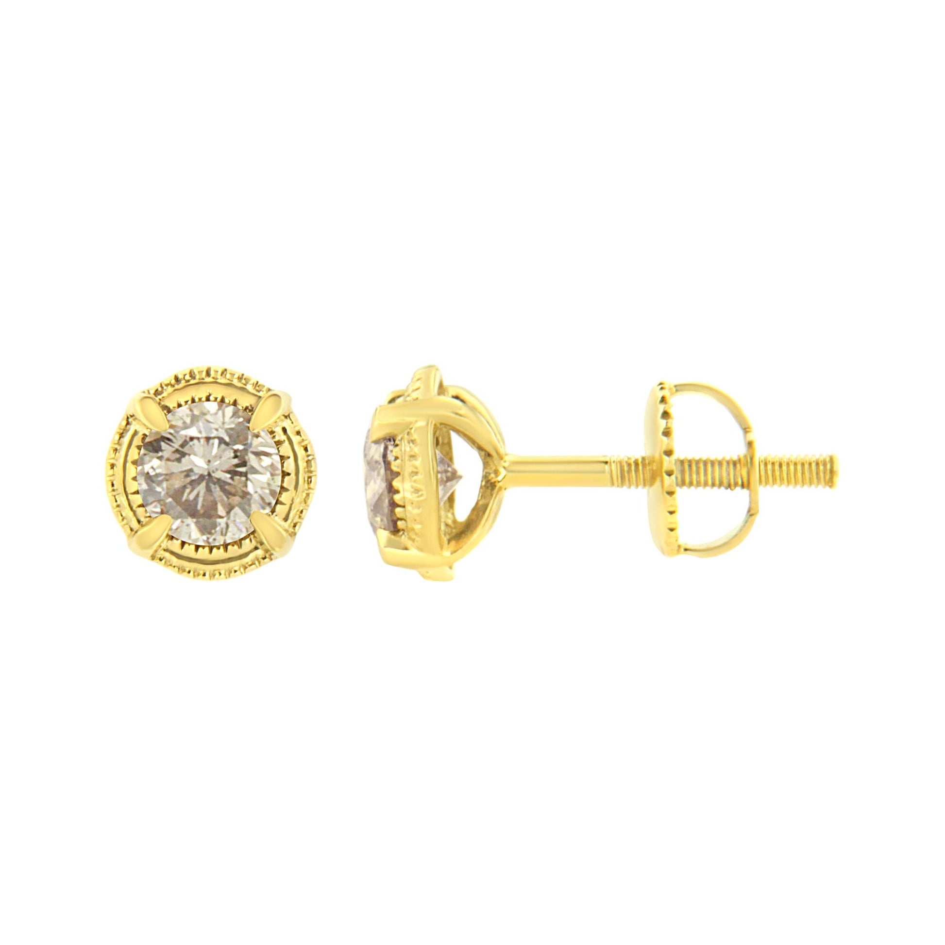 Front and side view of a pair of yellow metal stud earrings with round prong-set brownish gemstones.