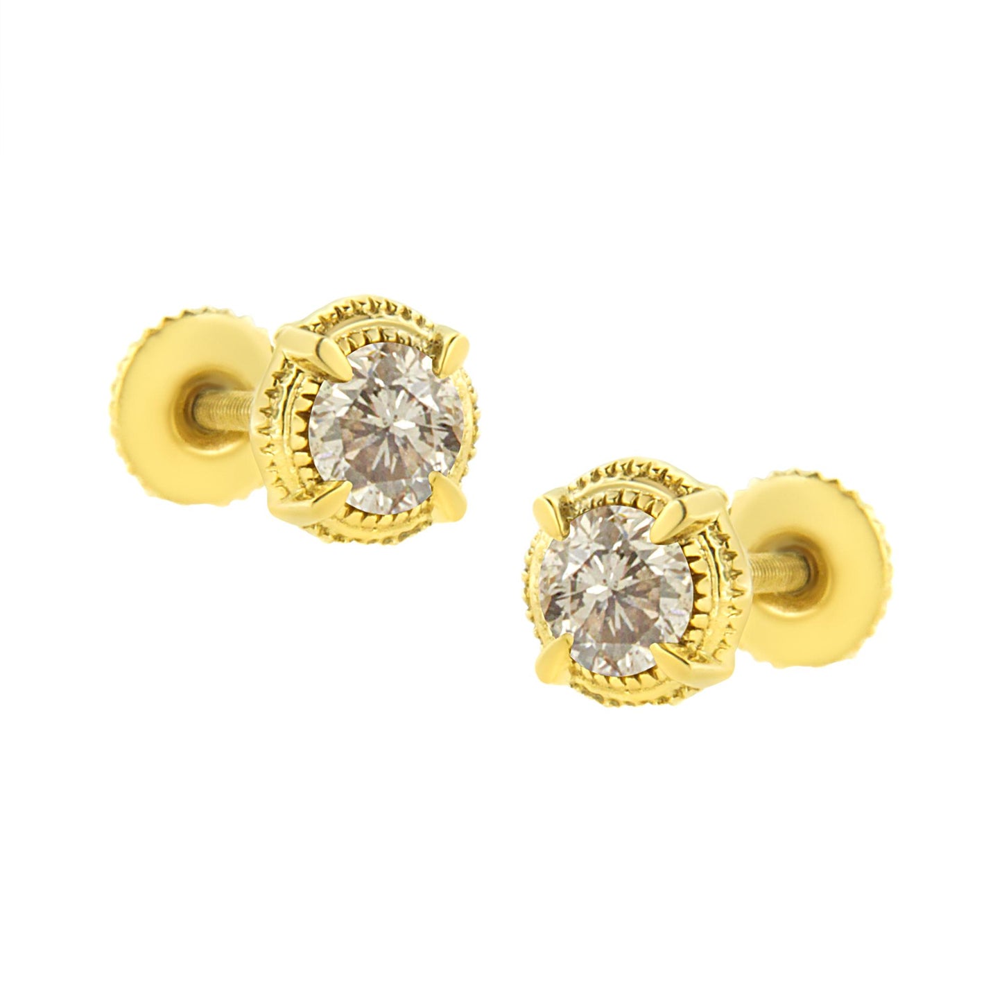 Pair of yellow metal stud earrings with round brownish gemstones in prong settings, shown from a front angle.