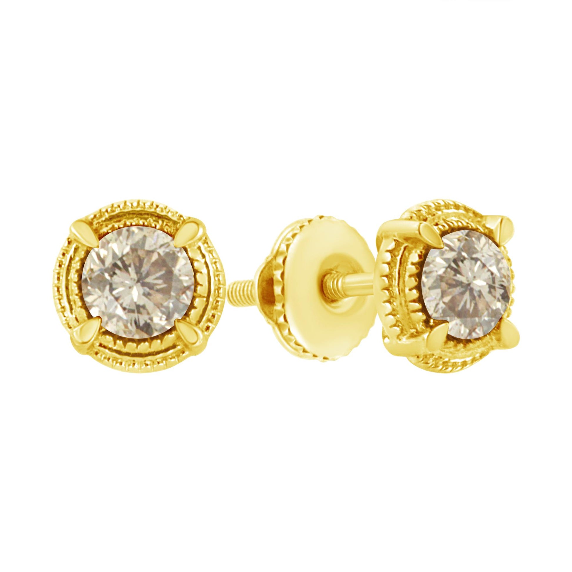 Close-up front and side view of round white gemstone stud earrings in yellow metal with prong settings.