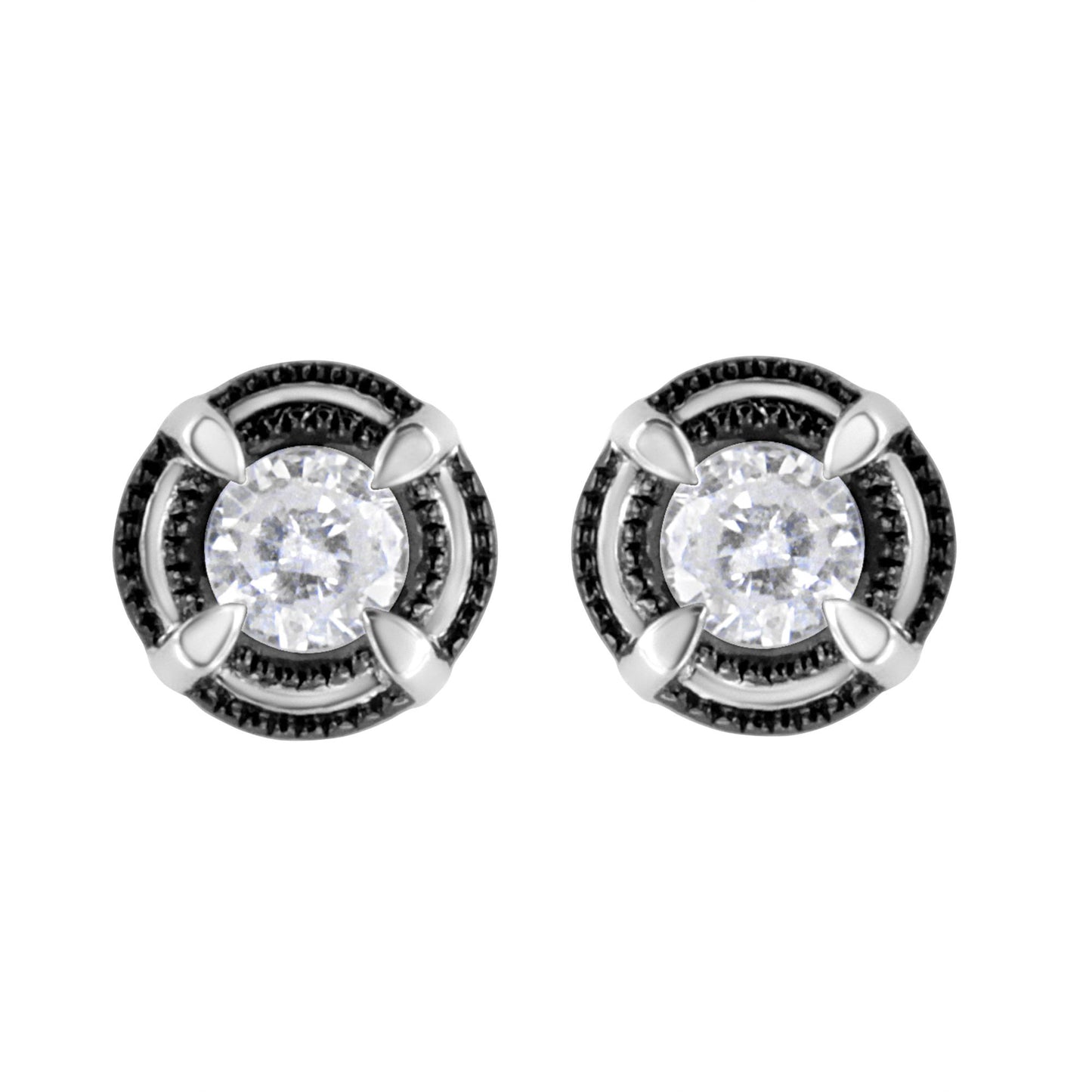Front view of round white gemstone stud earrings with prong settings and white metal accents.