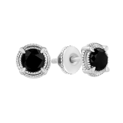 Close-up front and side angle of a pair of white metal stud earrings with round black gemstones in prong settings.